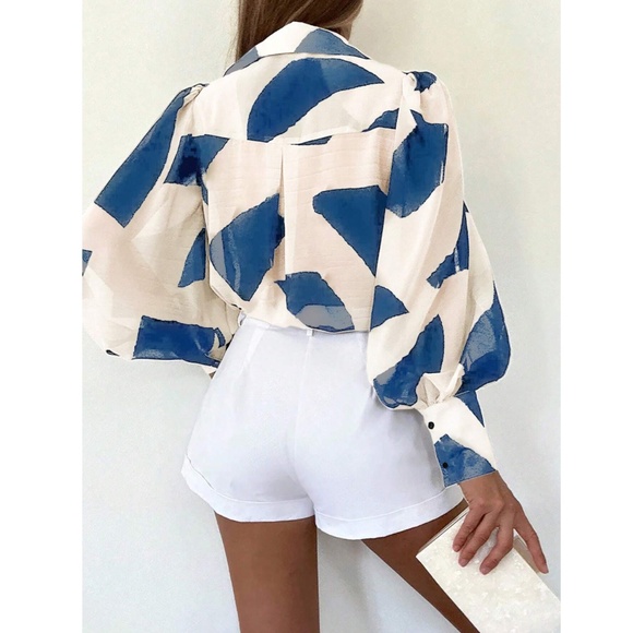 Beige Sheer Abstract Blue Print Button Up Shirt Long Bishop Sleeve Chiffon - Picture 2 of 5